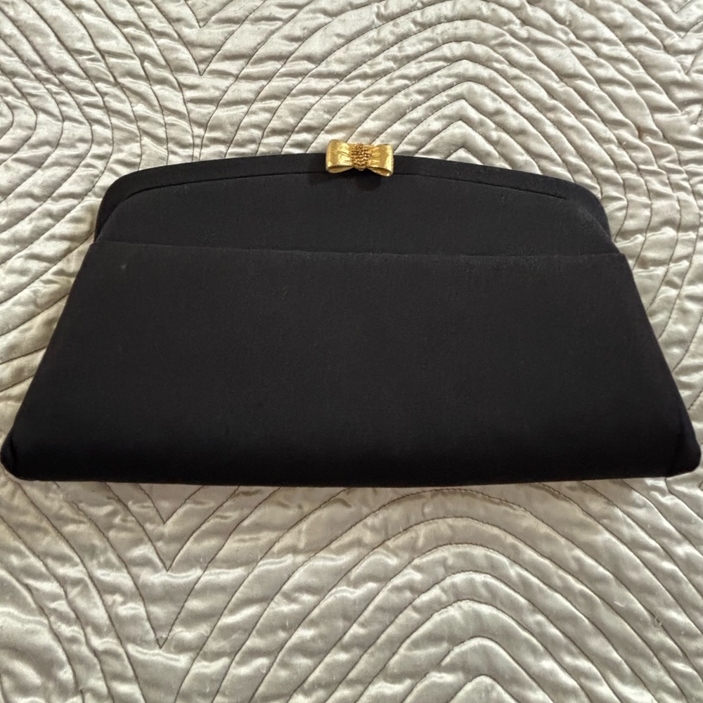 1950s Black Satin Evening Bag -Deadstock Mint MCM Cocktail Clutch Gold Bow Clasp
